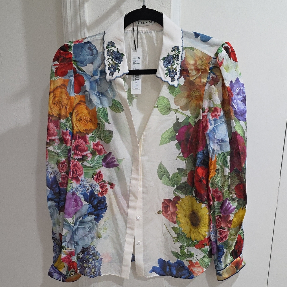 Alice + Olivia Multicolor Floral Blouse with Embroidered Collar
